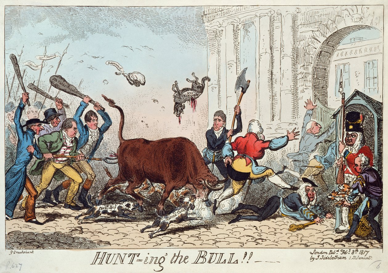 Polowanie na byka, 1817 (akwaforta kolorowa) autorstwa George Cruikshank