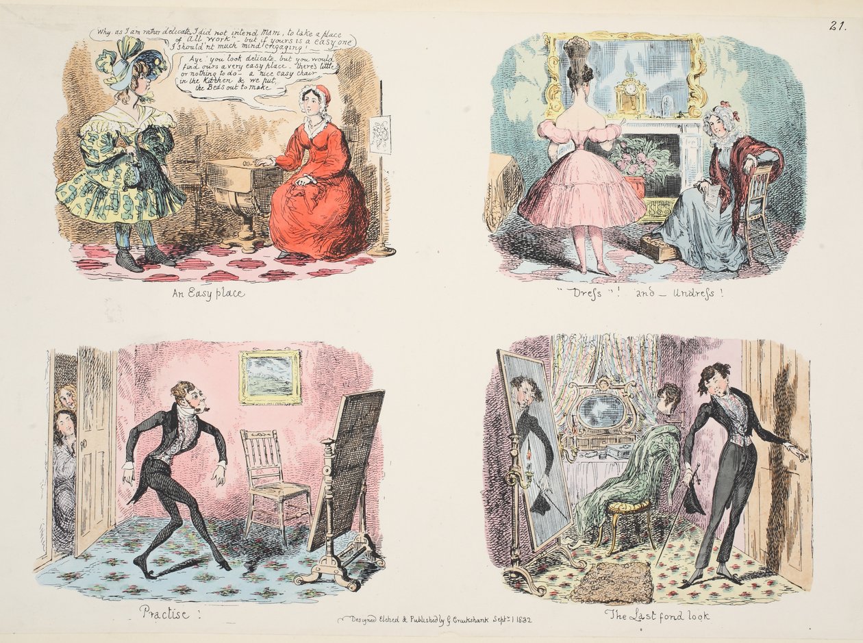Ilustracja z The Whole Art of Dress or The Road to Elegance and Fashion, wyd. 1832 (grawerowanie ręcznie kolorowane) autorstwa George Cruikshank
