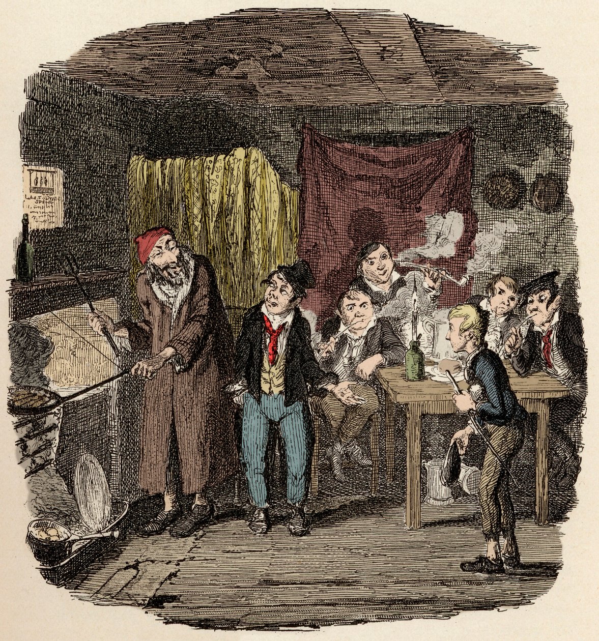 W Londynie Jack Dawkins zwany Lisem przedstawia Olivera Faginowi i jego drużynie malfratów - Oliver przedstawił szanowanemu starszemu dżentelmenowi - Ilustracja do „Oliver Twist” (Olivier) (Przygody Olivera Twista) Charlesa Dickensa (1812-1870) , przez Ge autorstwa George Cruikshank