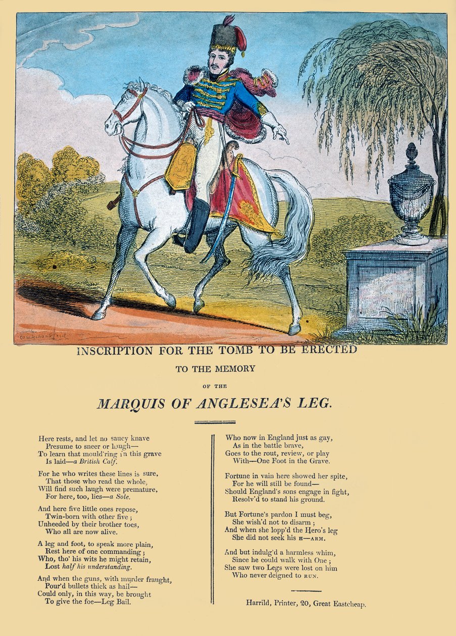 Inskrypcja na grobie, który ma zostać wzniesiony ku pamięci nogi markiza Anglesea, opublikowana przez R. Harrilda, ok. 1815 r. autorstwa George Cruikshank