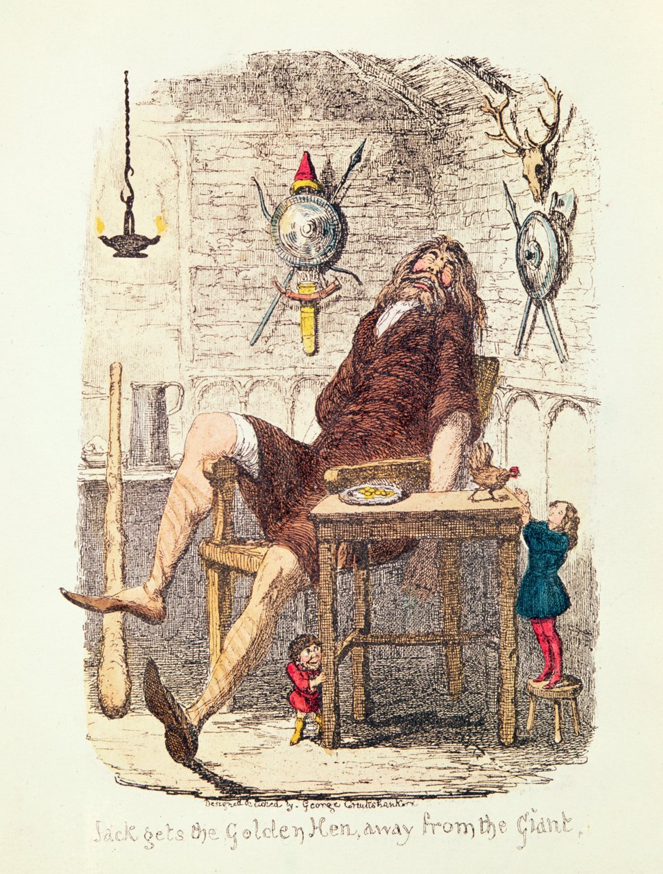 Jack zabiera złotą kurę z dala od giganta (kolor lito) autorstwa George Cruikshank