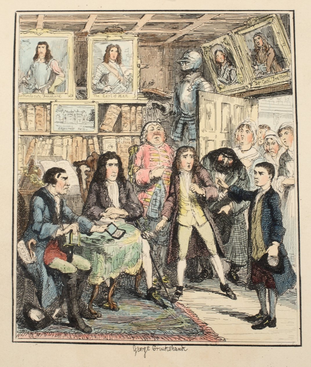 Jack Sheppard oskarża Thamesa Darrella o kradzież, ilustracja z filmu Jack Sheppard: A Romance autorstwa Williama Harrisona Ainswortha, opublikowana w 1839 r. (akwaforta ręcznie kolorowana) autorstwa George Cruikshank