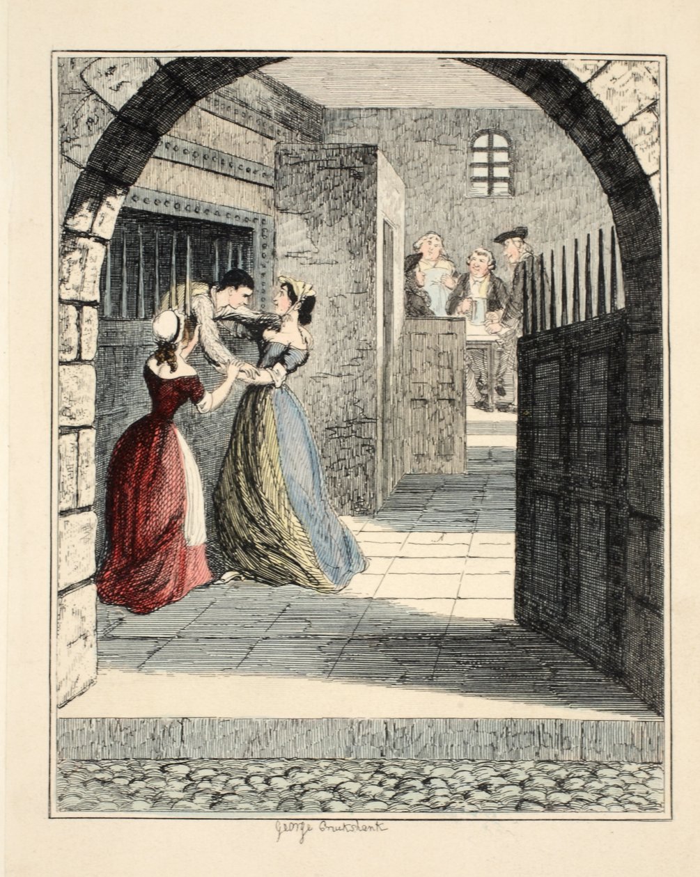 Jack Sheppard uciekający z więzienia w Newgate, ilustracja z Jack Sheppard: A Romance Williama Harrisona Ainswortha, wyd. 1839 (ręcznie kolorowane grawerowanie) autorstwa George Cruikshank