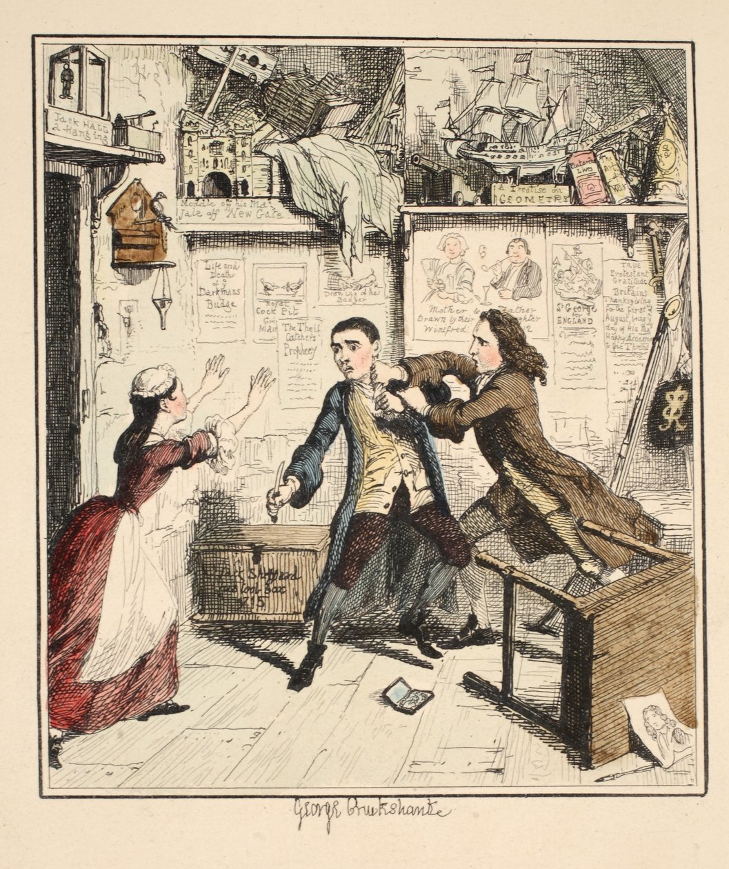 Jack Sheppard przedstawia mściwą postać, ilustracja z książki Jack Sheppard: A Romance autorstwa Williama Harrisona Ainswortha, opublikowanej w 1839 r. (ręcznie kolorowana akwaforta) autorstwa George Cruikshank