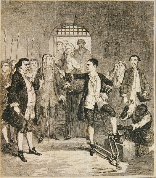 Jack Sheppard ma zdjęte żelazo w Stone Hall w Newgate, ilustracja z "Jack Sheppard: A Romance" Williama Harrisona Ainswortha, opublikowanej w 1839 roku (akwaforta) autorstwa George Cruikshank