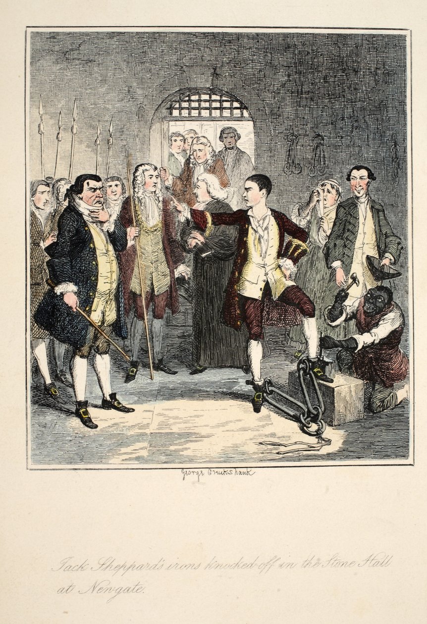 Żelazka Jacka Shepparda strącone w Stone Hall w Newgate, ilustracja z książki Jack Sheppard: A Romance autorstwa Williama Harrisona Ainswortha, opublikowanej w 1839 r. (ręcznie kolorowana akwaforta) autorstwa George Cruikshank
