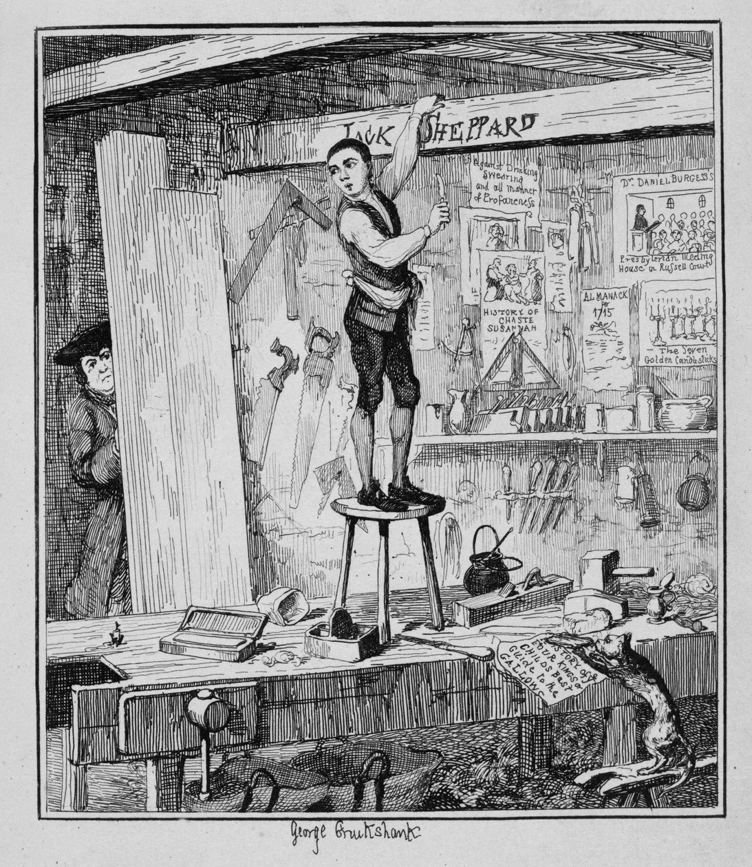 Jack wyrył swoje imię na belce w sklepie swojego byłego pracodawcy, ilustracja z „Jack Sheppard: A Romance” Williama Harrisona Ainswortha, opublikowana w 1839 r. autorstwa George Cruikshank