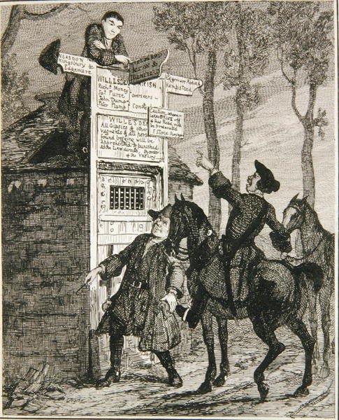 Jack ucieka z klatki w Willesden, ilustracja z „Jack Sheppard: A Romance” Williama Harrisona Ainswortha, opublikowana w 1839 r. (akwaforta) autorstwa George Cruikshank