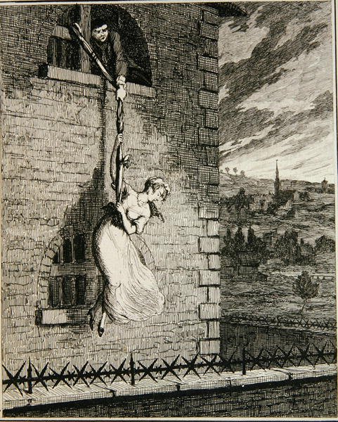 Jack uciekający z Newgate Ward z żoną Elizabeth Lyon, ilustracja z „Jack Sheppard: A Romance” Williama Harrisona Ainswortha, opublikowana w 1839 r. (akwaforta) autorstwa George Cruikshank