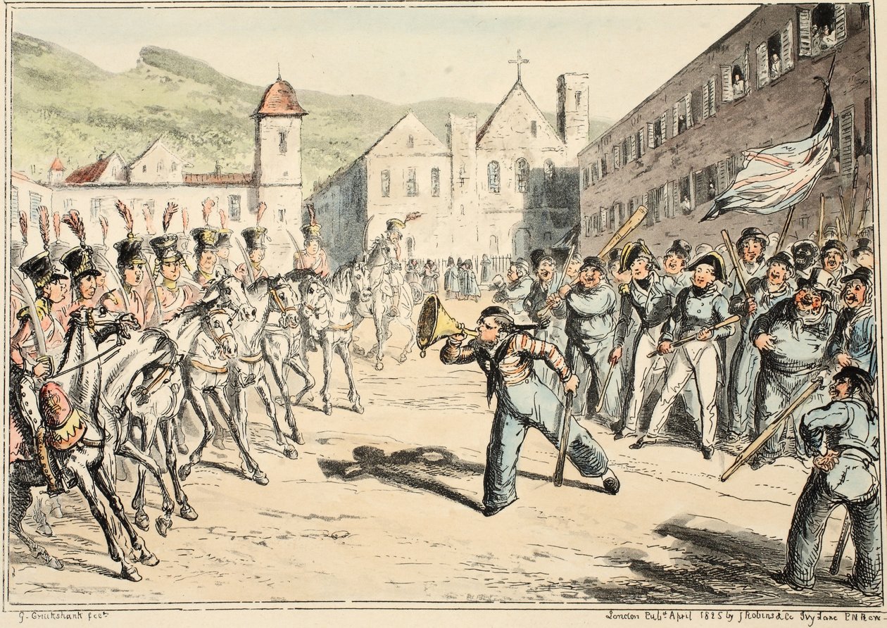 Jacks Trump of Defiance, ze szpitala Greenwich, seria szkiców marynarki wojennej, opisująca życie człowieka wojennego, wyd. 1826 (grawerowanie ręcznie kolorowane) autorstwa George Cruikshank