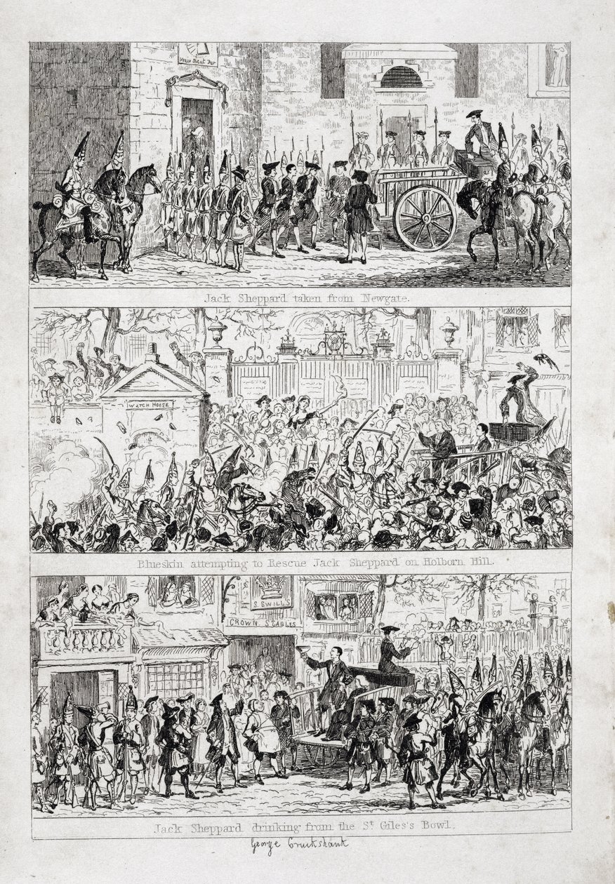Podróż Jacka z Newgate do Tyburn, ilustracja z „Jack Sheppard: A Romance” Williama Harrisona Ainswortha, opublikowana w 1839 r. autorstwa George Cruikshank