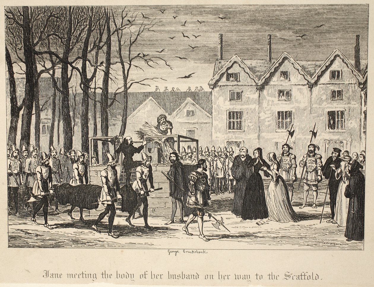 Jane spotyka ciało męża w drodze na rusztowanie, z pubu The Tower of London. 1840 autorstwa George Cruikshank
