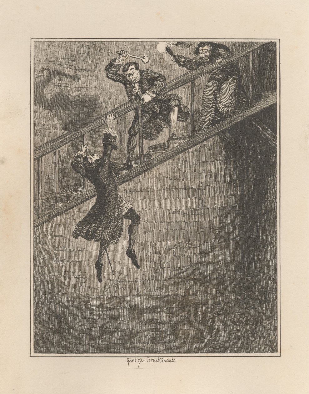 Jonathan Wild wrzuca sir Rowlanda Trencharda do studni autorstwa George Cruikshank