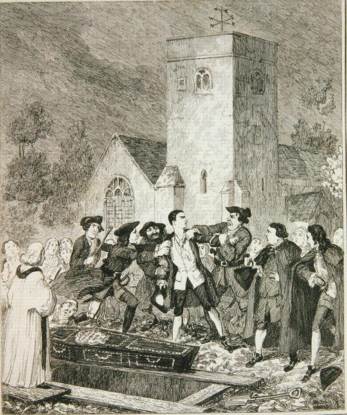 Jonathan Wild chwytający Jacka na pogrzebie matki w Willesden Churchyard, ilustracja z „Jack Sheppard: A Romance” Williama Harrisona Ainswortha, opublikowana w 1839 r. (akwaforta) autorstwa George Cruikshank