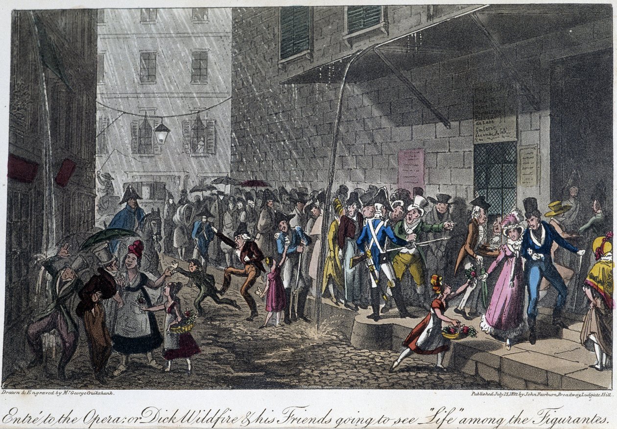 Wejście do Opery w Paryżu - w "Życiu w Paryżu" Davida Careya, il. przez Georgesa Cruikshanka, wyd. Faiburn, Londyn autorstwa George Cruikshank