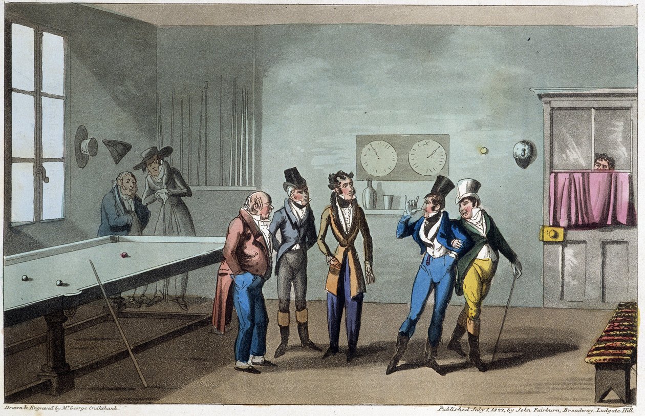 Mężczyźni w sali bilardowej - w „Życiu w Paryżu” Davida Careya, ch. G. Cruikshank, Londyn autorstwa George Cruikshank