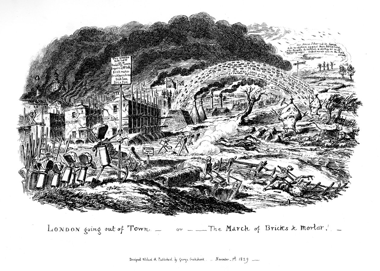 Londyn wyjeżdża z miasta – czyli Marsz cegieł i zaprawy, 1829 autorstwa George Cruikshank