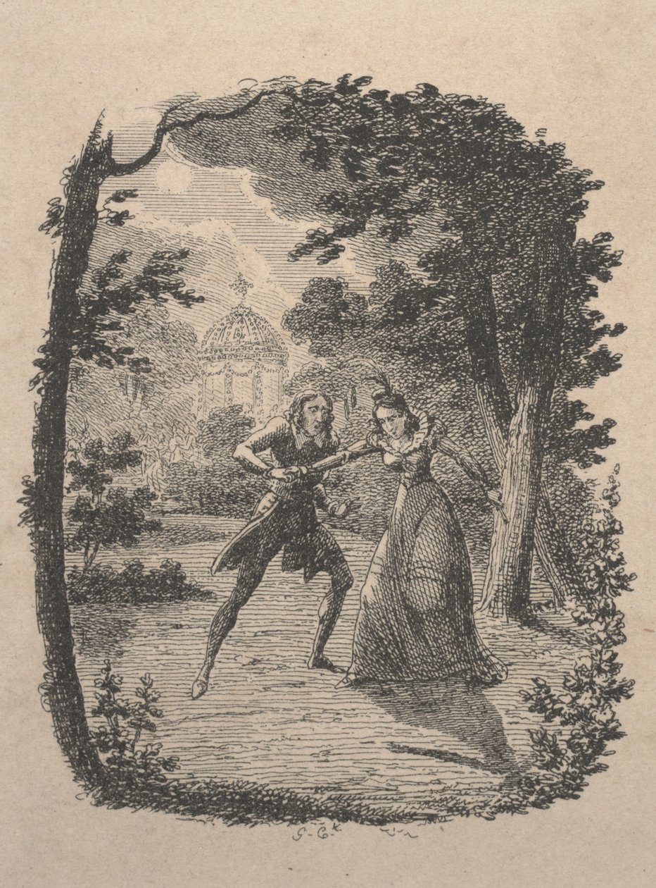 Mężczyzna i kobieta w ogrodzie (akwaforta) autorstwa George Cruikshank