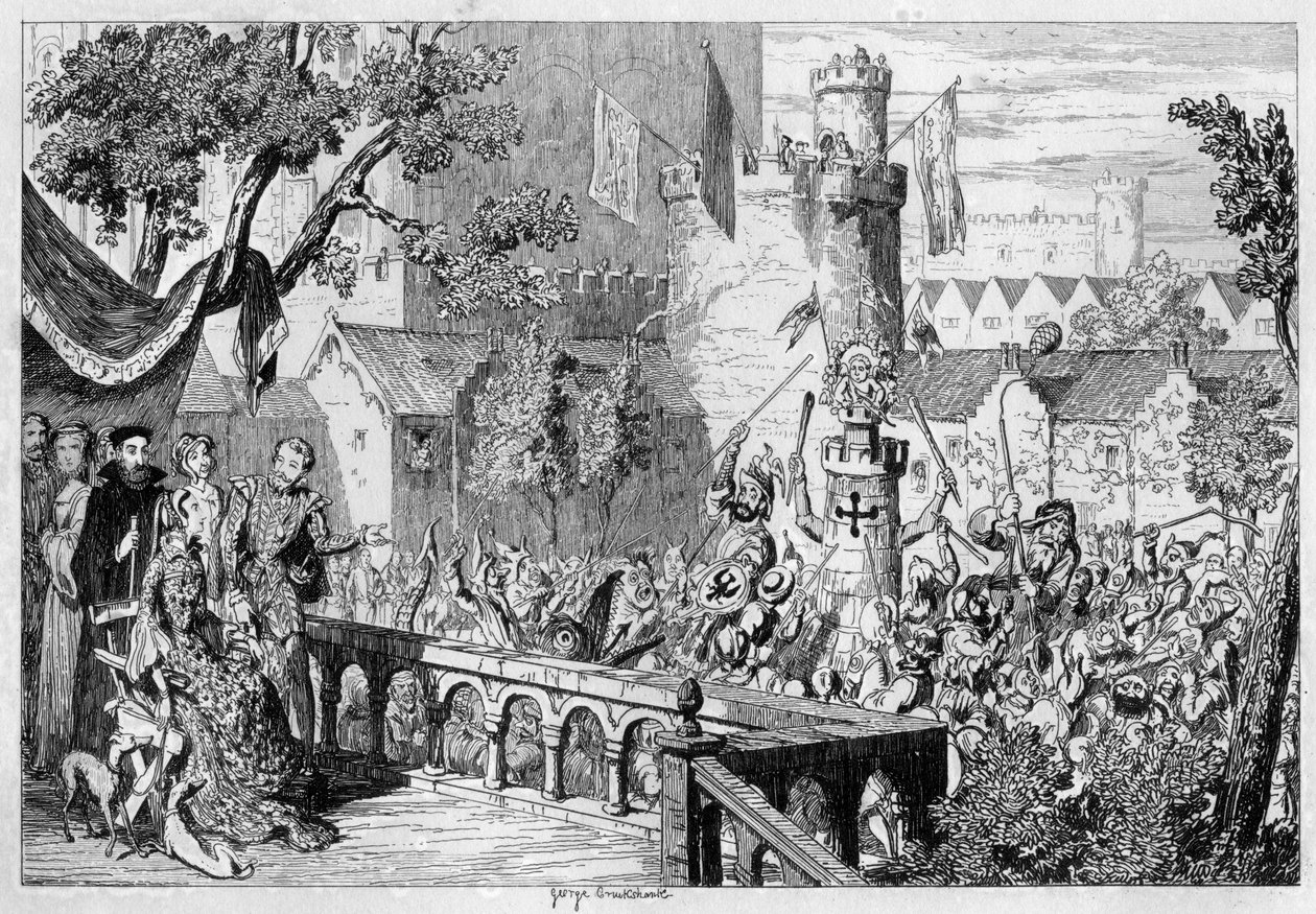 Maska w ogrodzie pałacowym Tower of London, 1840. autorstwa George Cruikshank