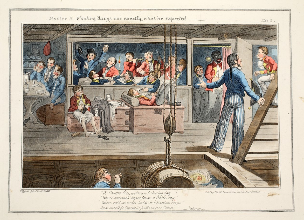 Mistrz B, Znajdowanie rzeczy, które nie są dokładnie takie, jakich się spodziewał, pub. 1835 (grawerowanie ręcznie kolorowane) autorstwa George Cruikshank