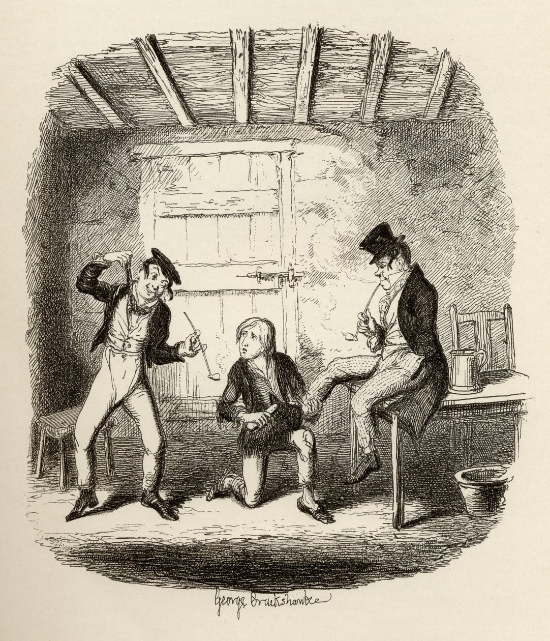 Мастер Бейтс 1838 онд Чарльз Диккенс (1812-70) бичсэн "Оливер Твистийн адал явдал" зохиолоос мэргэжлийн техникийн талаар тайлбарлаж байна, Чапман унд Холл, 1901 онд хэвлүүлсэн. autorstwa George Cruikshank