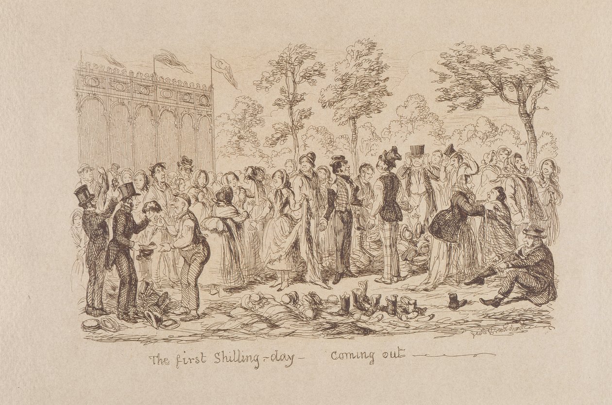 Wielka wystawa Mayhews z 1851 r.: Pierwszy dzień szylinga — wychodzenie, 1851 r. autorstwa George Cruikshank