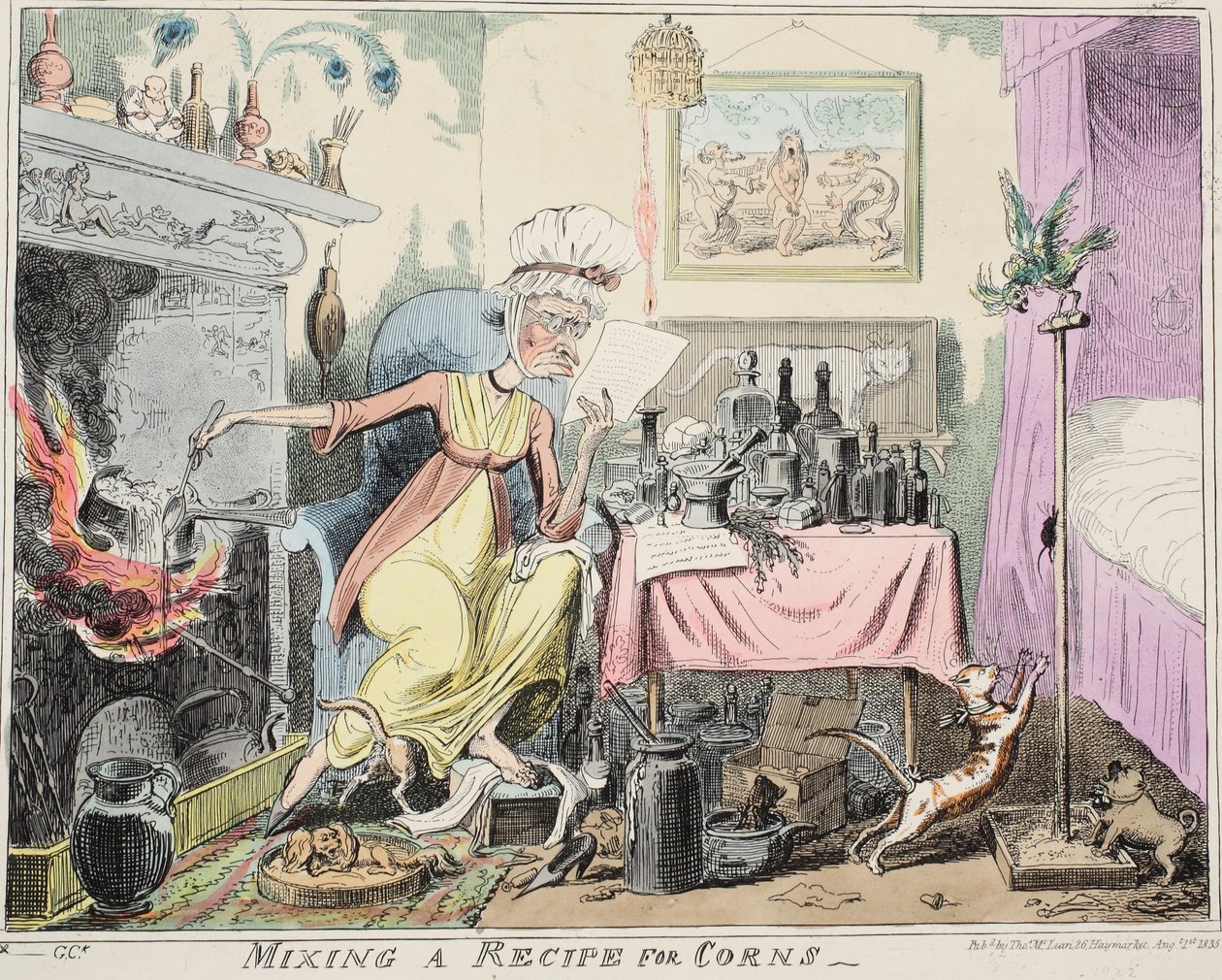 Mieszanie przepisu na odciski, wyd. 1835 (grawerowanie ręcznie kolorowane) autorstwa George Cruikshank