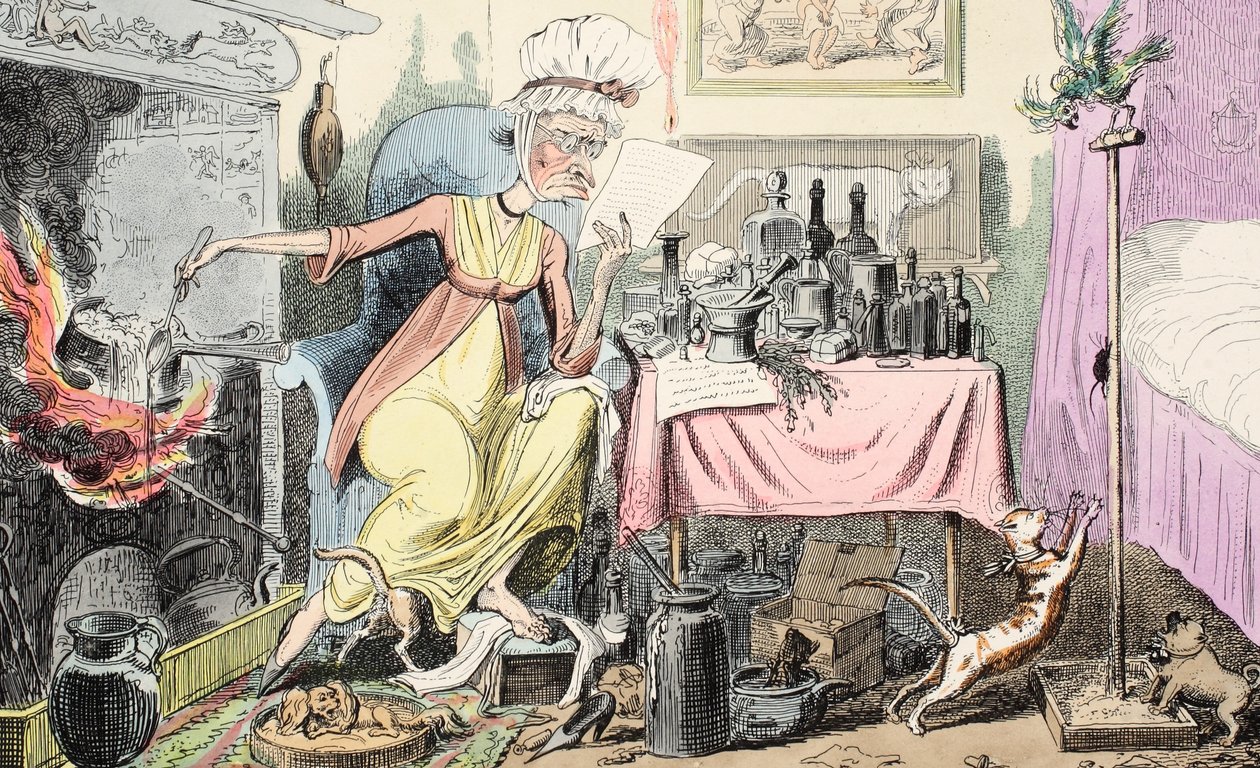 Mieszanie przepisu na odciski, wyd. 1835 (grawerowanie ręcznie kolorowane) autorstwa George Cruikshank