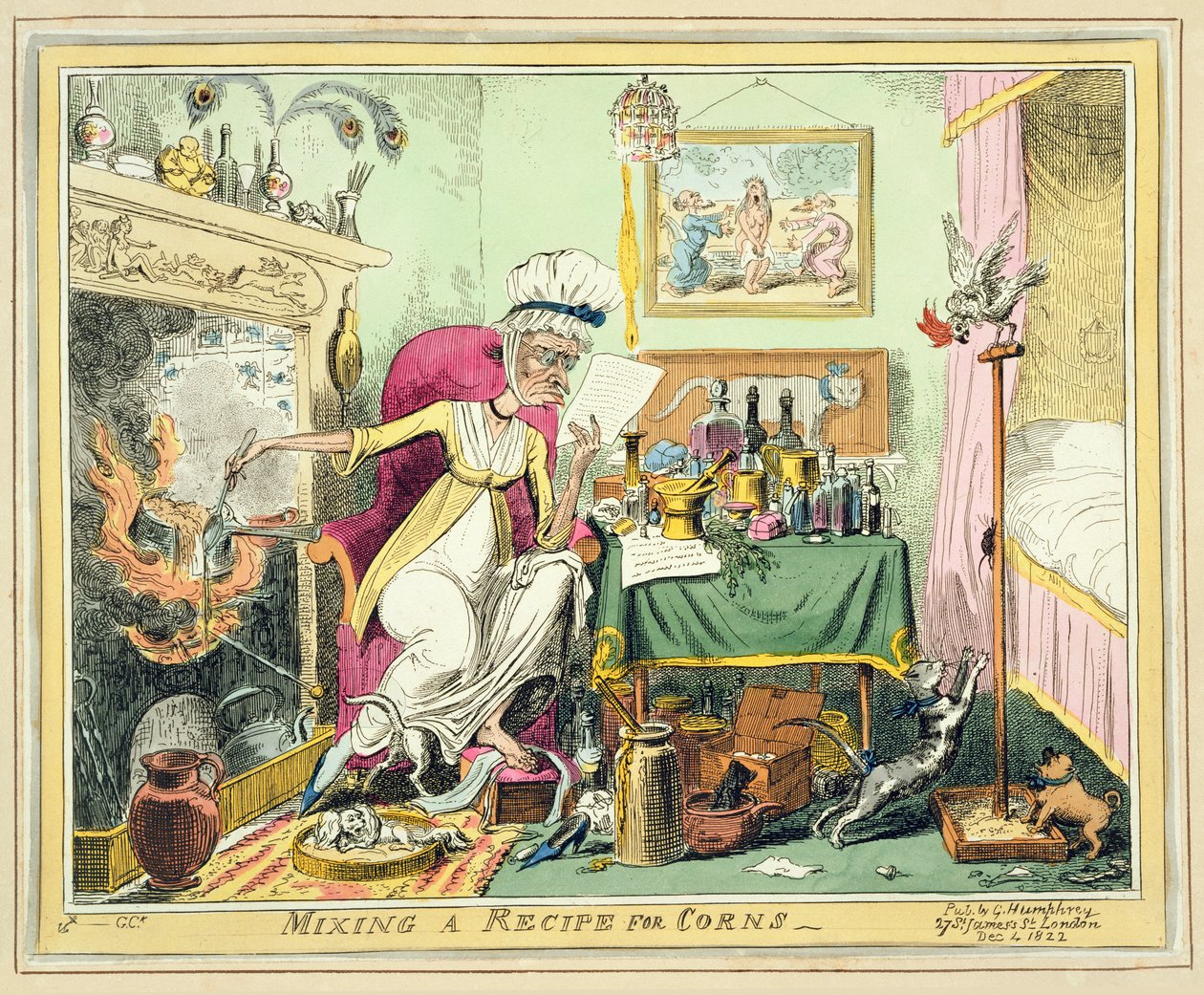 Mixing a Recipe for Corns, wyd. G. Humphrey, Londyn, 4 grudnia 1822 (kolorowa akwaforta) autorstwa George Cruikshank