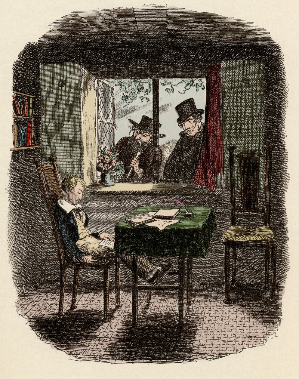 Mnisi i Fagin obserwujący Olivera śpiącego w Bibliotece Maylie - Mnisi i Żyd - Ilustracja do „” Oliver Twist”” (Oliver) (Przygody Olivera Twista) autorstwa Charlesa Dickensa (1812-1870), autorstwa George