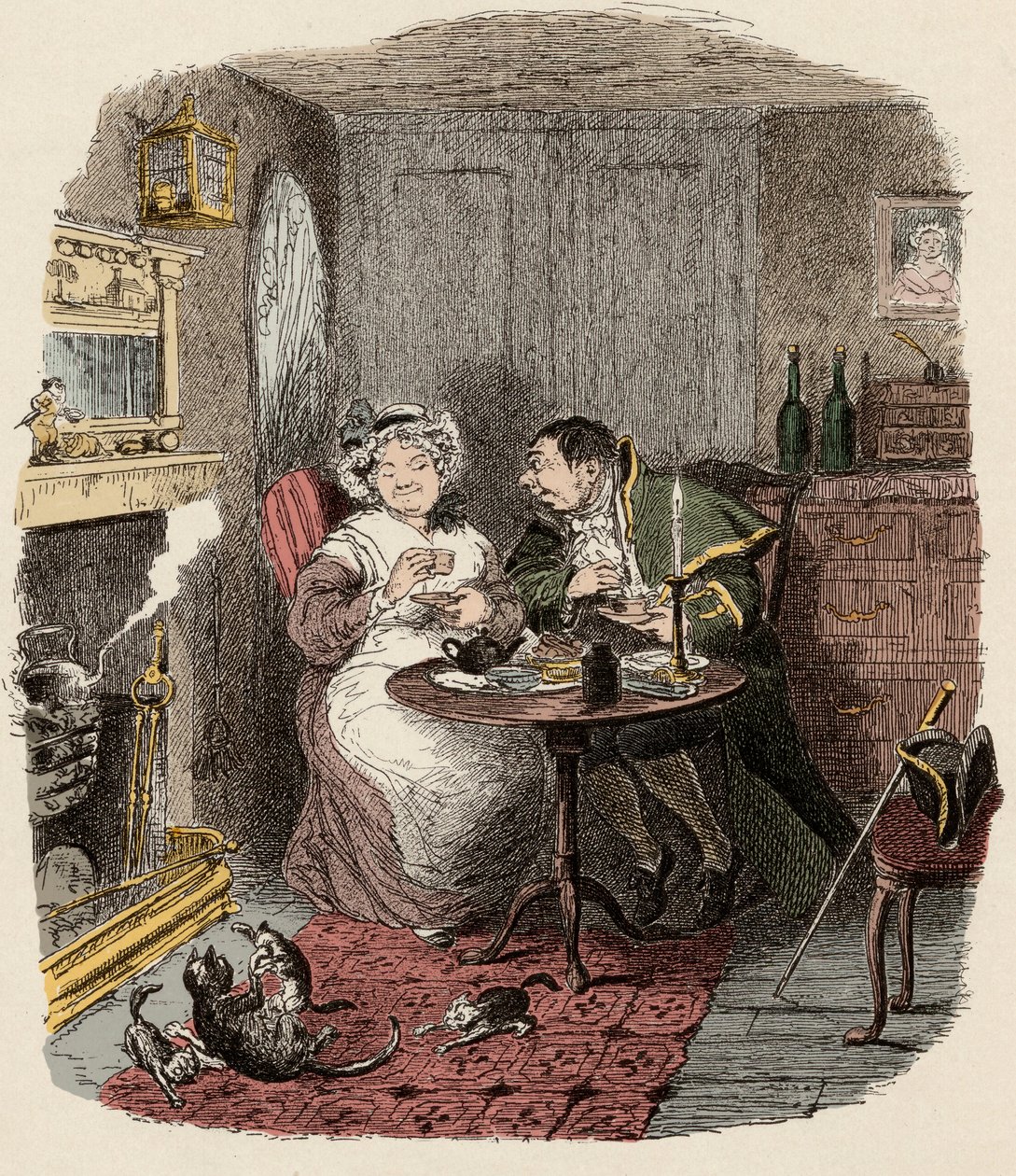 Monsieur Bumble i Madame Corney biorący - Mr Bumble i pani Corney piją herbatę - Ilustracja do „” Oliver Twist”” (Olivier) (Przygody Olivera Twista) autorstwa Charlesa Dickensa (1812-1870), autorstwa George