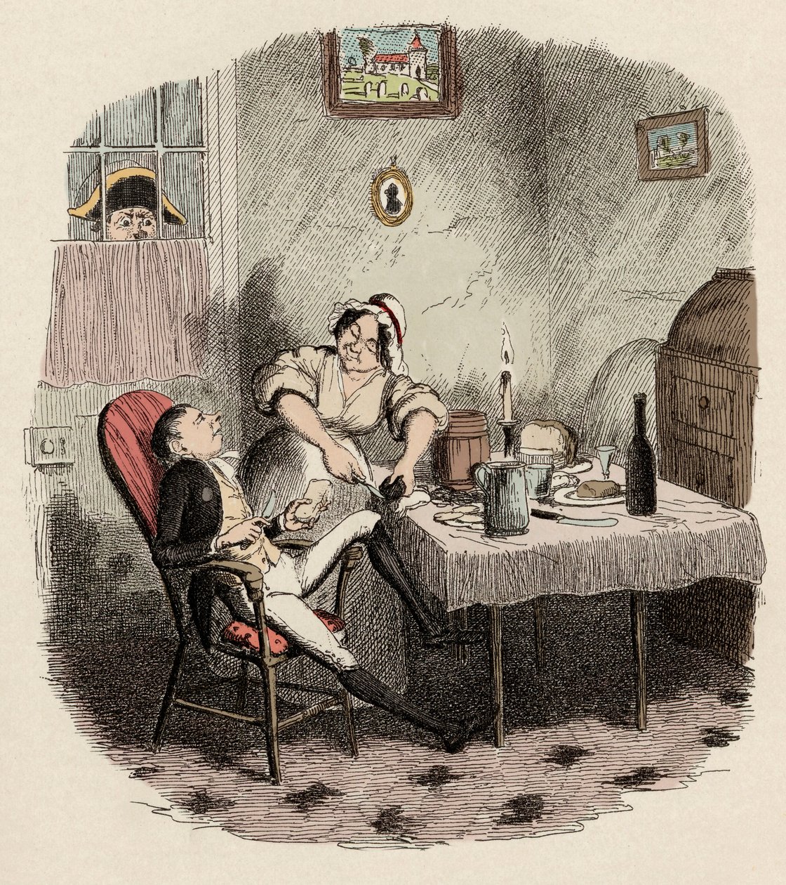 Monsieur Bumble obserwuje Noe Claypole i Charlotte - Mr Claypole, jak pojawił się, gdy jego mistrz był nieobecny - Ilustracja do „” Oliver Twist”” (Olivier) (Przygody Olivera Twista) Charlesa Dickensa (1812-1870), autorstwa George
