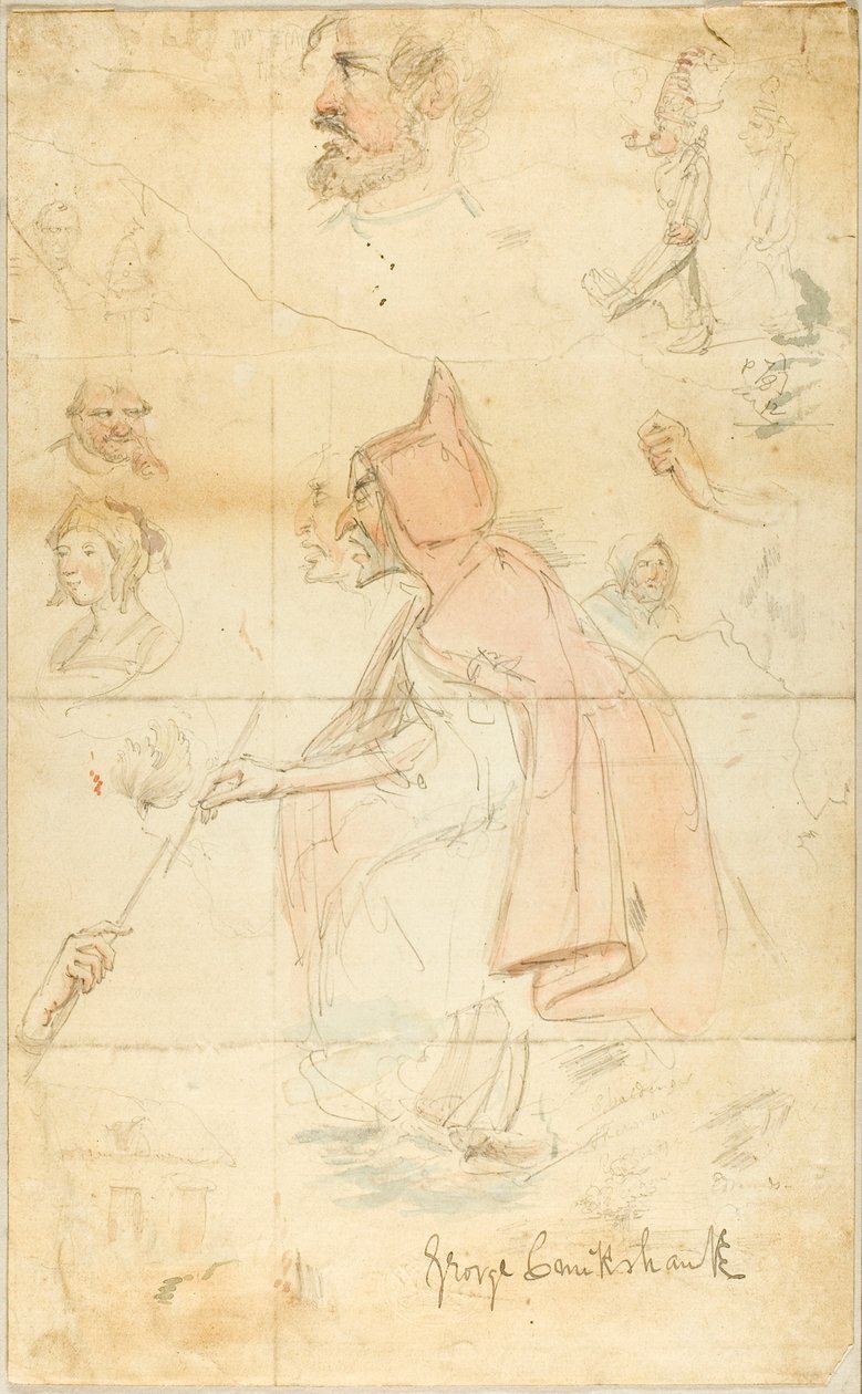Matka Shipton (rekto); Arkusz szkiców: Fleur-de-Lis i postacie (verso) autorstwa George Cruikshank