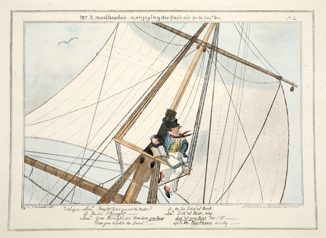Mr. B. Mastheaded - czyli ciesząc się świeżym powietrzem po raz 304., z Postępu kadeta, 1835 (ręcznie kolorowana grawerunek) autorstwa George Cruikshank