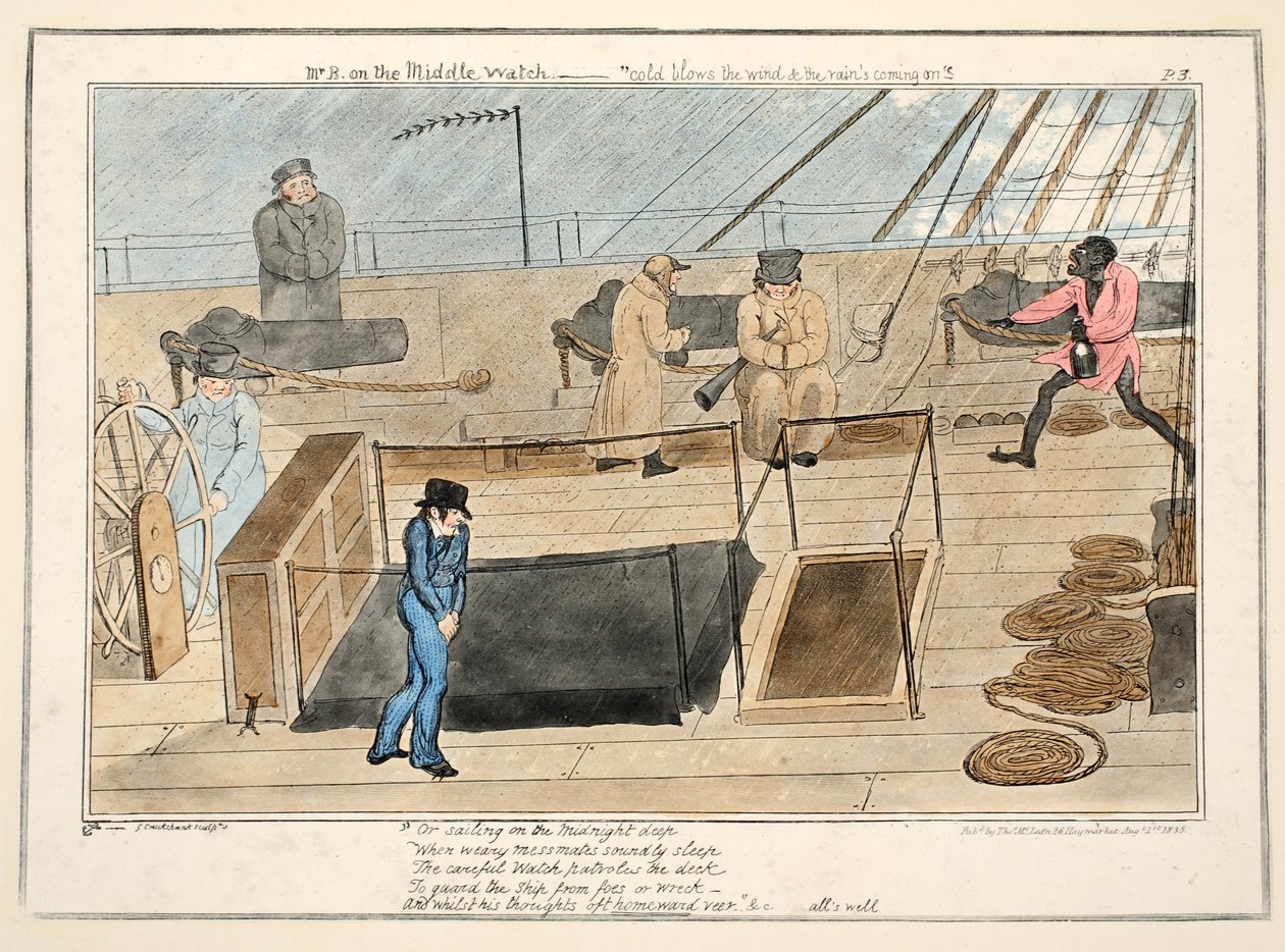 Pan B na środkowym warcie - wiatr wieje zimno i nadciągają deszcze, z Postępy kadeta, wyd.1835 (ręcznie kolorowany grawerunek) autorstwa George Cruikshank
