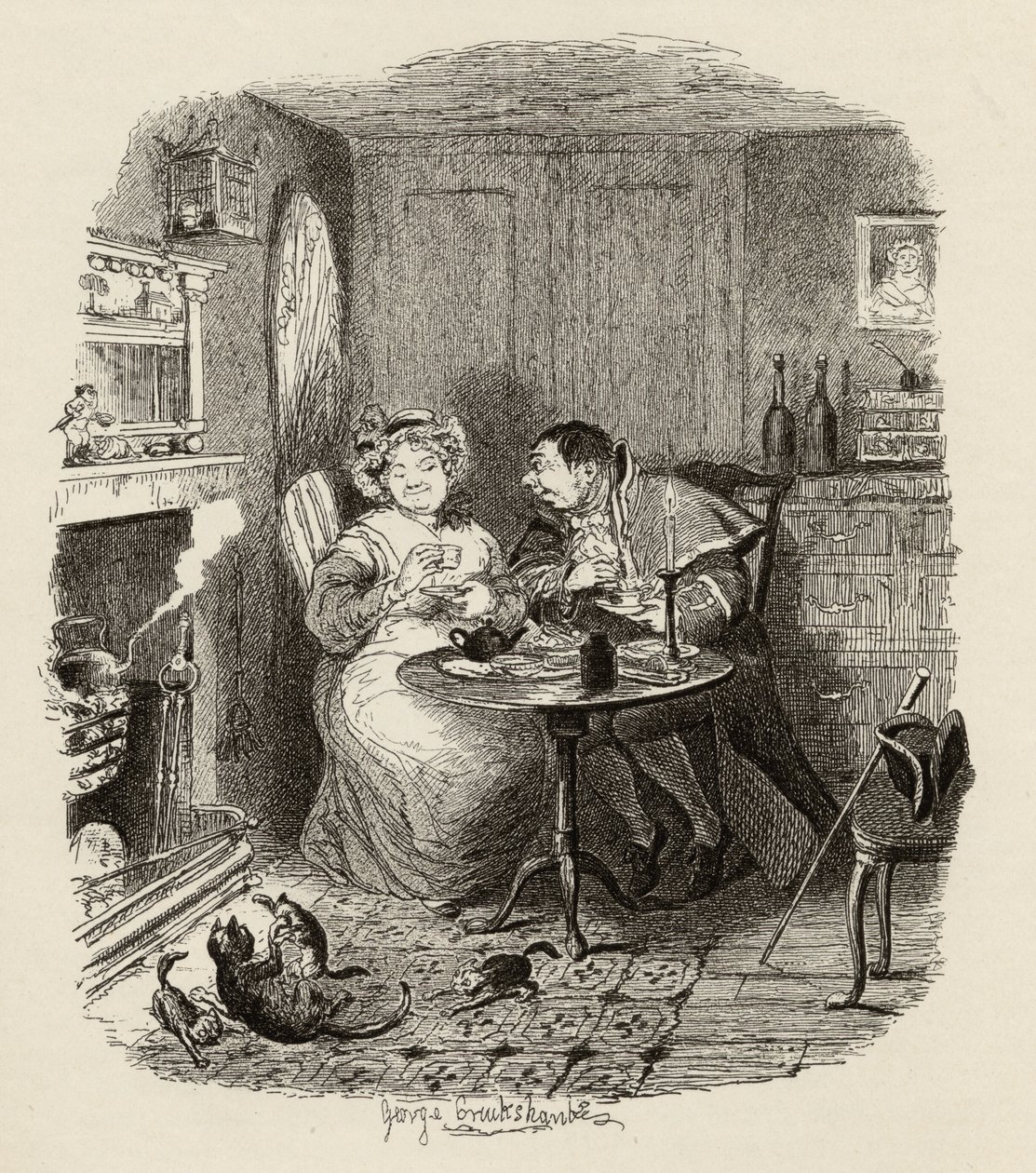 Pan Bumble i pani Corney piją herbatę, z „Przygody Olivera Twista” Charlesa Dickensa (1812-70) 1838, wydanej przez Chapman und Hall, 1901 autorstwa George Cruikshank