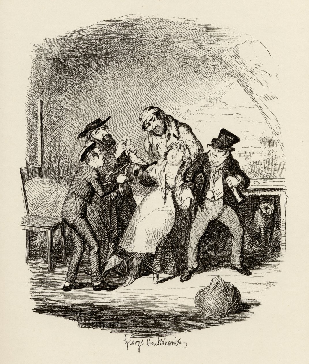 Pan Fagin i jego uczeń odzyskujący Nancy, z „Przygód Olivera Twista” Charlesa Dickensa (1812-70) 1838, opublikowane przez Chapman und Hall, 1901 autorstwa George Cruikshank