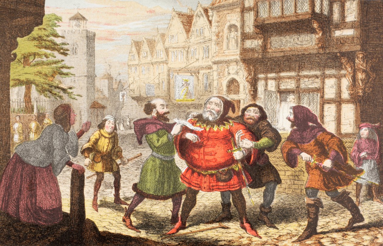 Pani Quickly każe aresztować Sir Johna Falstaffa w Henryku IV, Część 2, z "The Illustrated Library Shakespeare", wydanej w Londynie w 1890 r. autorstwa George Cruikshank