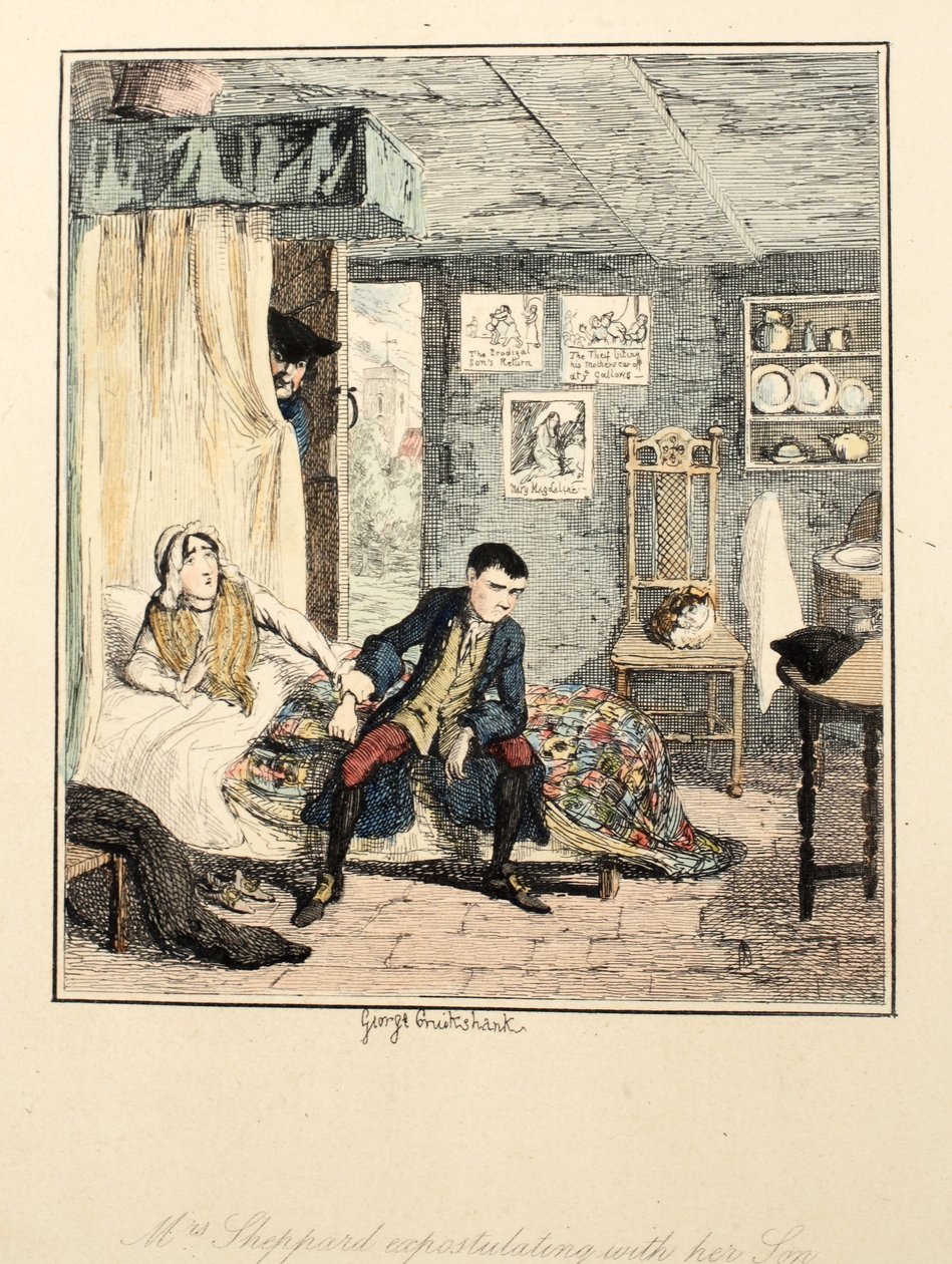 Pani Sheppard ekspostuluje ze swoim synem, ilustracja z Jacka Shepparda: Romans Williama Harrisona Ainswortha, opublikowana w 1839 r. (akwaforta ręcznie kolorowana) autorstwa George Cruikshank