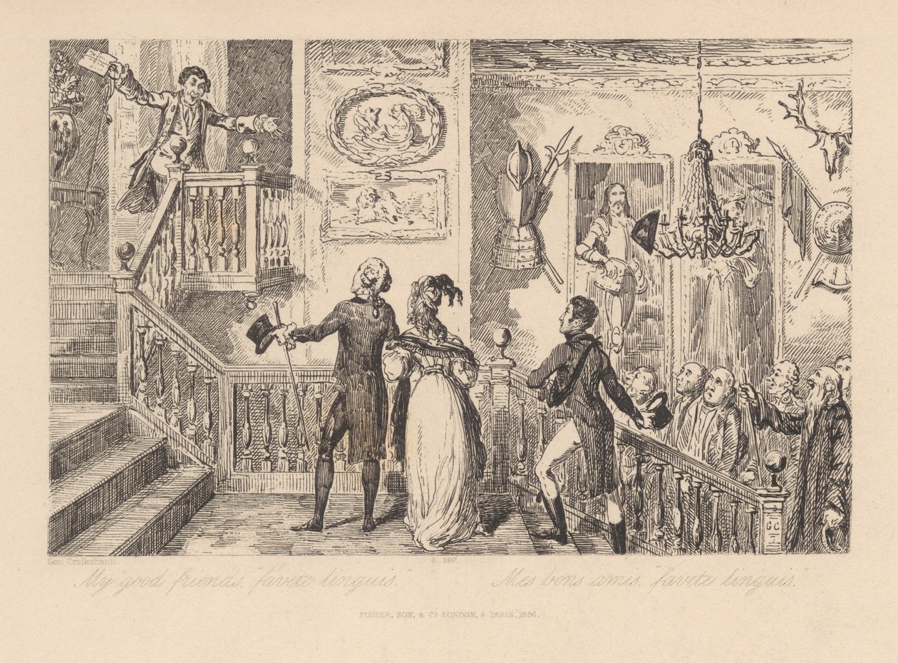 Moi dobrzy przyjaciele, „favete linguis” autorstwa George Cruikshank