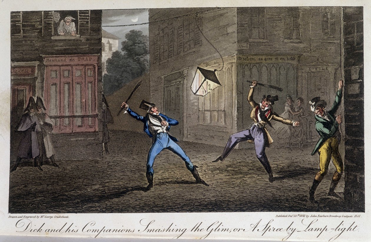 Night Tapage: Hustle and Noise - w „Życiu w Paryżu” Davida Careya, Londyn autorstwa George Cruikshank