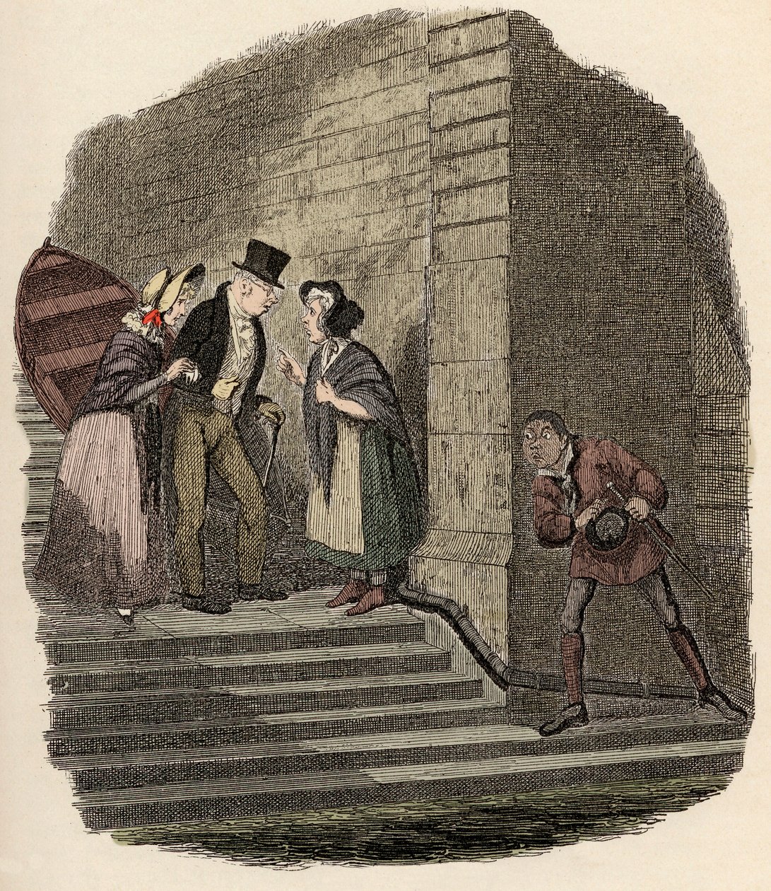 Noe Claypole szpieguje tajne spotkanie pana Brownlowa, Rose Maylie i Nancy - Spotkanie - Ilustracja do „” Oliver Twist”” (Olivier) (Przygody Olivera Twista) Charlesa Dickensa (1812-1870), autorstwa George