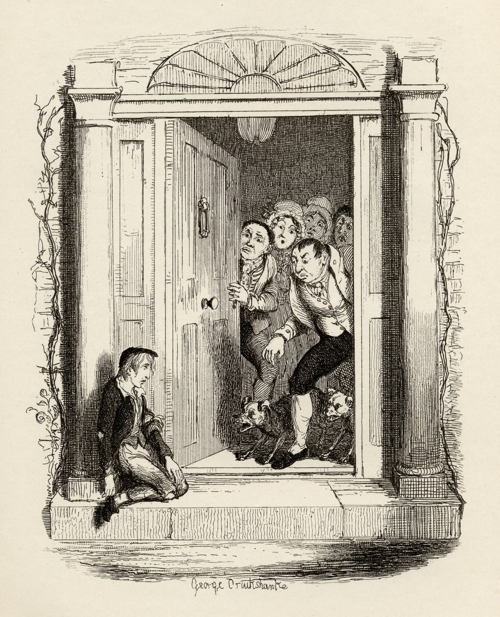 Oliver Twist pod drzwiami pani Maylie, z „Przygody Olivera Twista” Charlesa Dickensa (1812-70) 1838, wydanej przez Chapman und Hall, 1901 autorstwa George Cruikshank