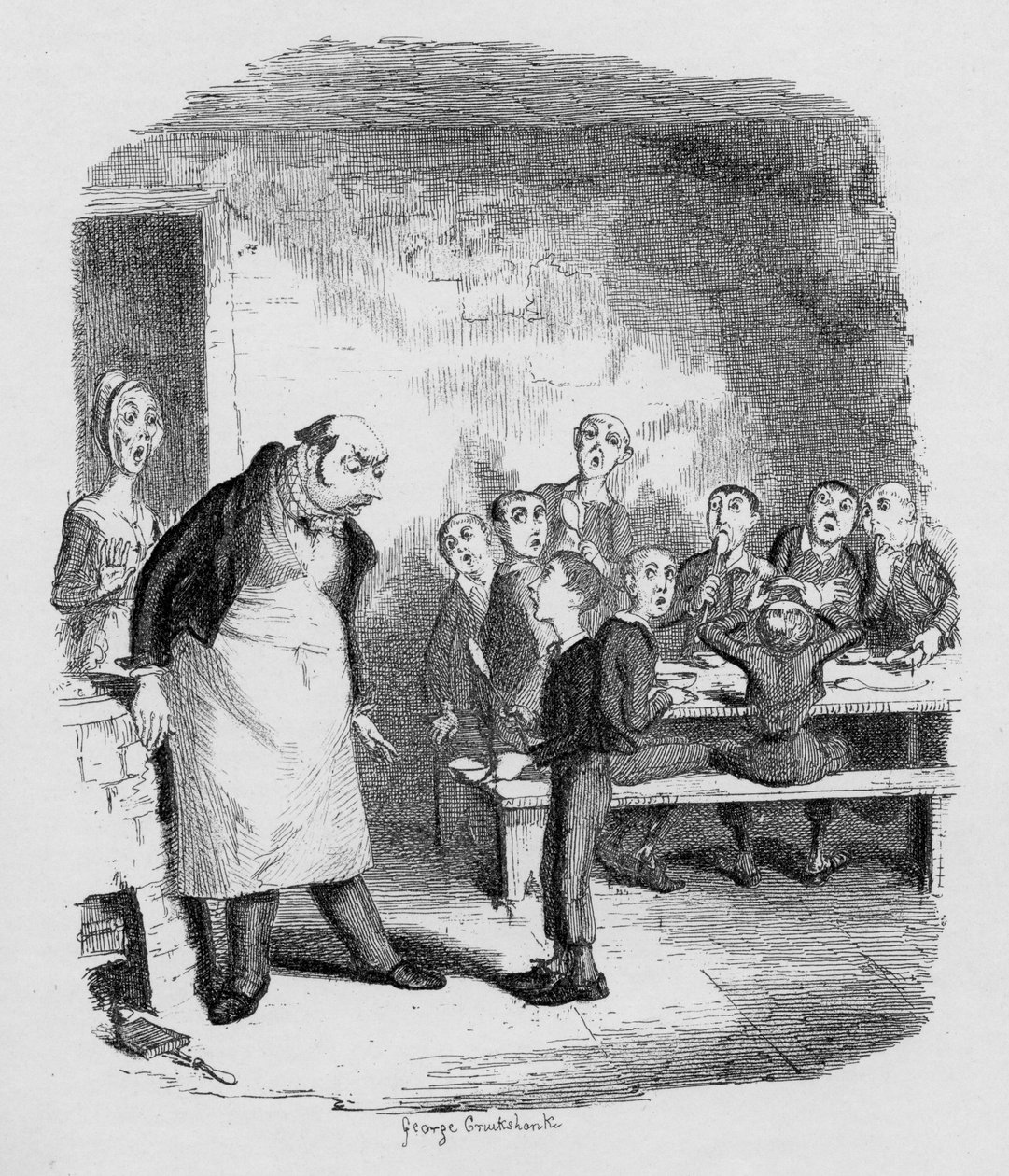 Oliver prosi o więcej, z „Przygody Olivera Twista” Charlesa Dickensa (1812-70) 1838, wydanej przez Chapman und Hall, 1901 autorstwa George Cruikshank