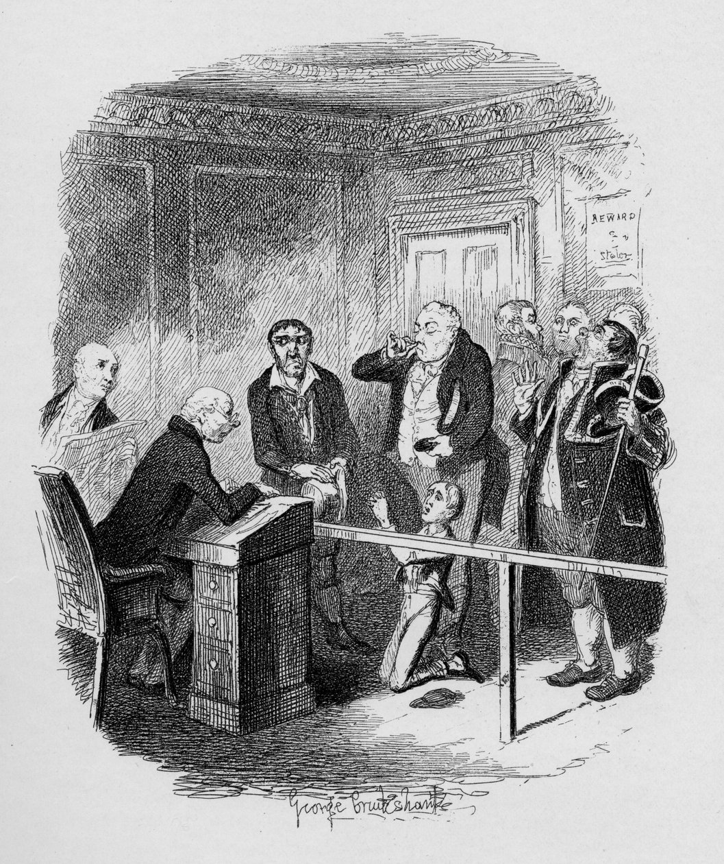 Чарльз Диккенс (1812-70) 1838 онд хэвлүүлсэн "Оливер Твистийн адал явдал" киноны "Оливер Твистийн адал явдал" киноны 1901 онд хэвлүүлсэн Оливер шүүрдэх ажилд дагалдан ажиллахаас мултарч байна. autorstwa George Cruikshank