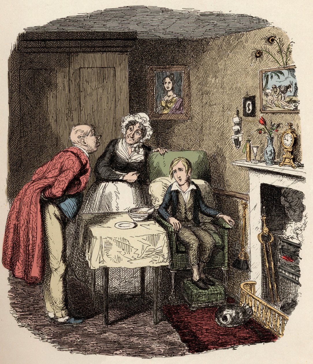 Oliver jest odbierany i opiekowany przez pana Brownlowa i jego gospodynię panią Bedwin - Oliver wraca do zdrowia po gorączce - Ilustracja do „” Oliver Twist”” (Oliver) (Przygody Olivera Twista) autorstwa Charlesa Dickensa (1812-1870), autorstwa George