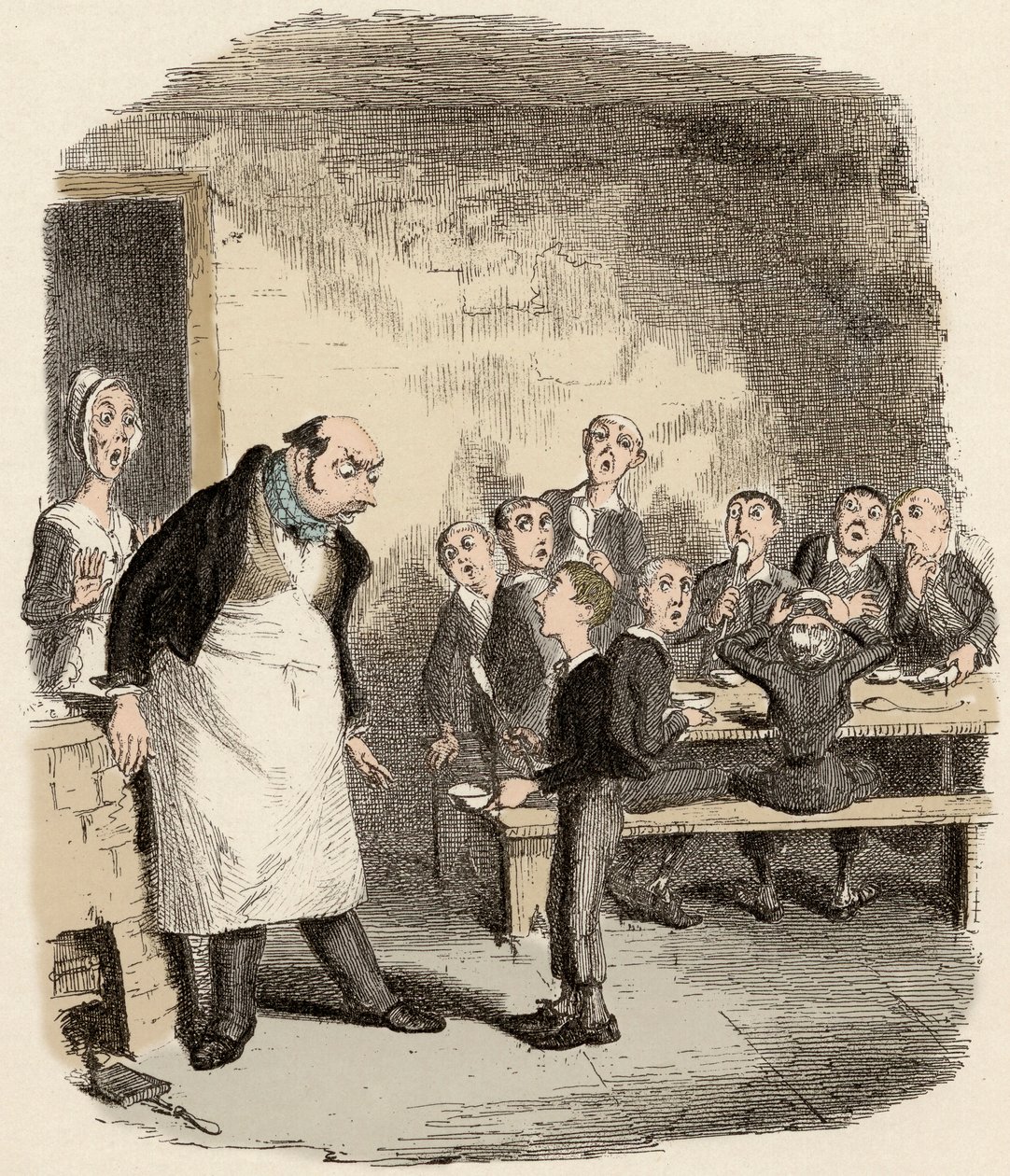 Oliver ma prosić o dodatkowe jedzenie od przełożonego Hospicjum dla Małych Dzieci - Oliver prosi o więcej - Ilustracja do „” Oliver Twist””” (Olivier) (Przygody Olivera Twista) autorstwa Charlesa Dickensa (1812-1870), autorstwa George
