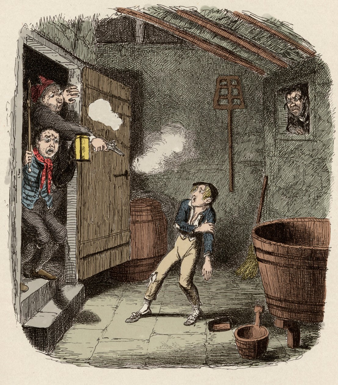 Oliver zaskoczony i zraniony podczas próby włamania - The Burglary - Ilustracja do „” Oliver Twist”” (Olivier) (Przygody Olivera Twista) autorstwa Charlesa Dickensa (1812-1870), autorstwa George