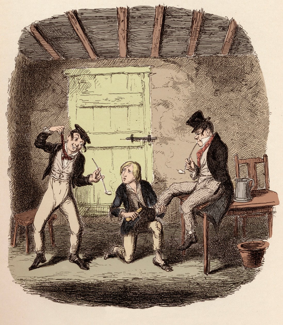 Oliver woskuje buty lisa, podczas gdy Charley Bates wyjaśnia niebezpieczeństwa związane z powieszeniem – Master Bates wyjaśnia profesjonalne szczegóły techniczne – Ilustracja do „Oliver Twist” (Olivier) (Przygody Olivera Twista) Charlesa Dickensa (1812-187 autorstwa George Cruikshank