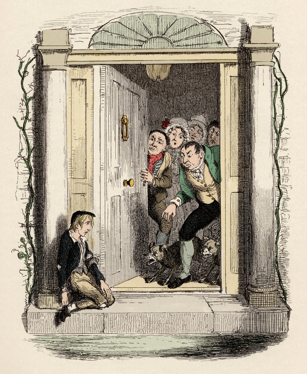 Oliver rany i wydechy prosi o pomoc - Oliver Twist przy drzwiach pani Maylies - Ilustracja do „” Oliver Twist”” (Olivier) (Przygody Olivera Twista) autorstwa Charlesa Dickensa (1812-1870), autorstwa George